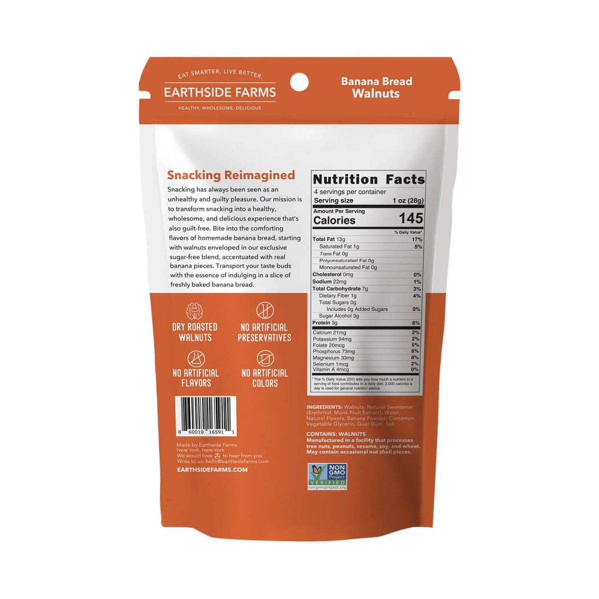 Back of Banana Bread Walnuts pouch with nutrition facts