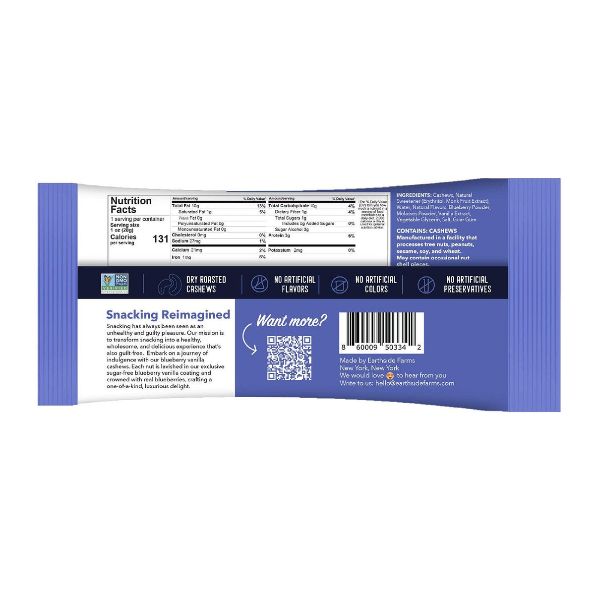Back of Blueberry Vanilla Cashews 1 oz snack pack with nutrition facts