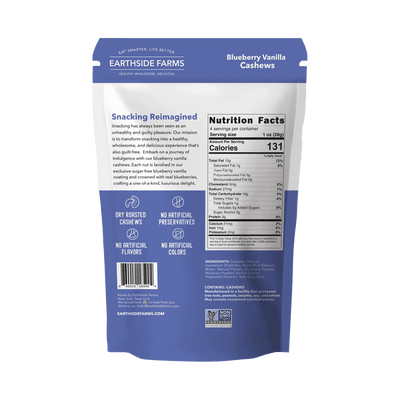 Back of Blueberry Vanilla Cashews pouch with nutrition facts