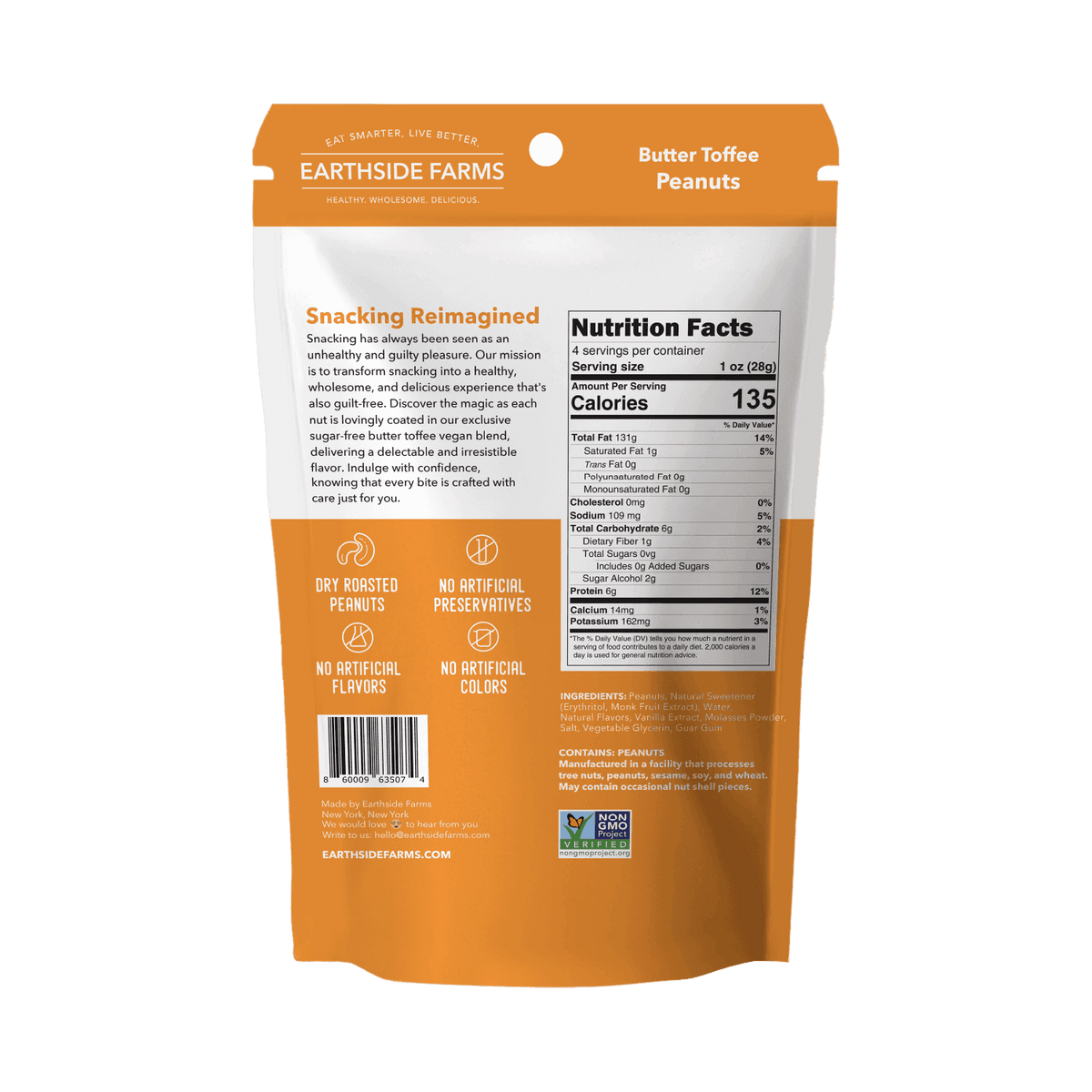 Back of Butter Toffee Peanuts pouch with nutrition facts