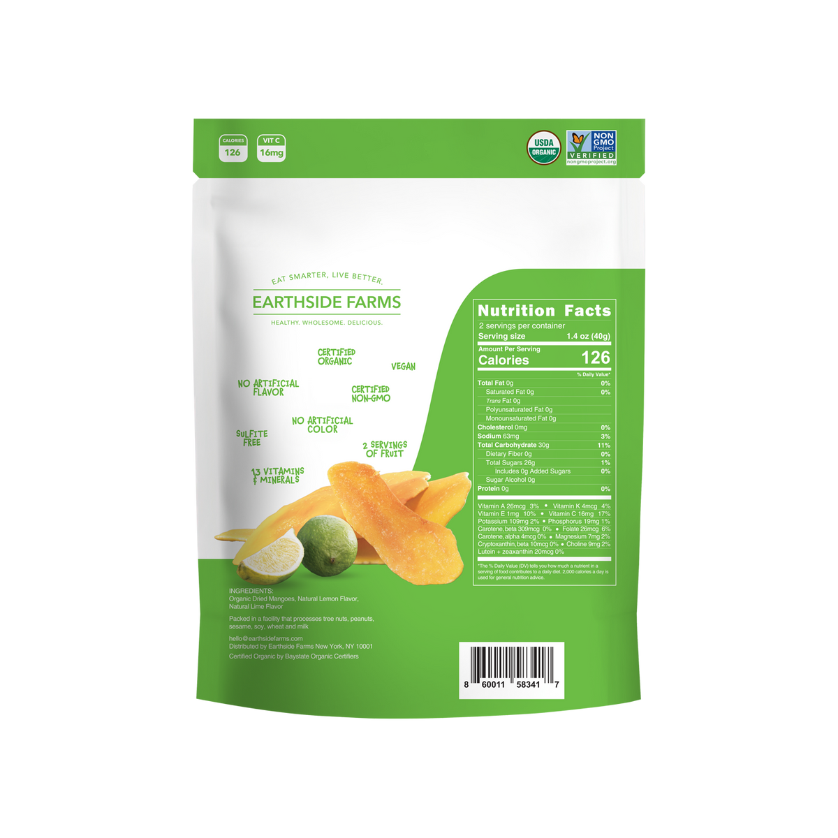 Back of Citrus Splash Dried Organic Mangoes pouch with nutrition facts