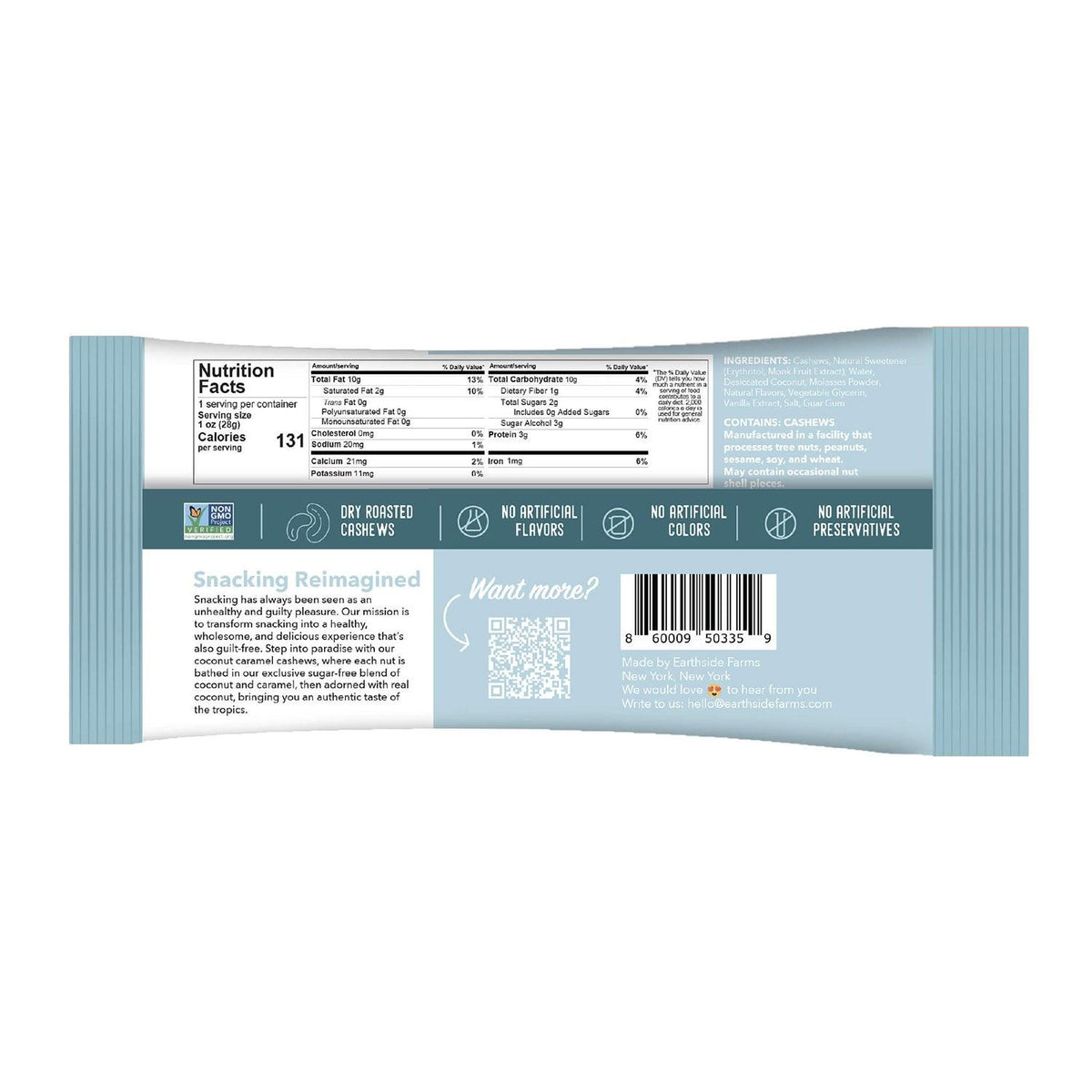 Back of Coconut Caramel Cashews 1 oz snack pack with nutrition facts