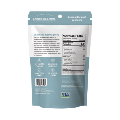 Back of Coconut Caramel Cashews pouch with nutrition facts