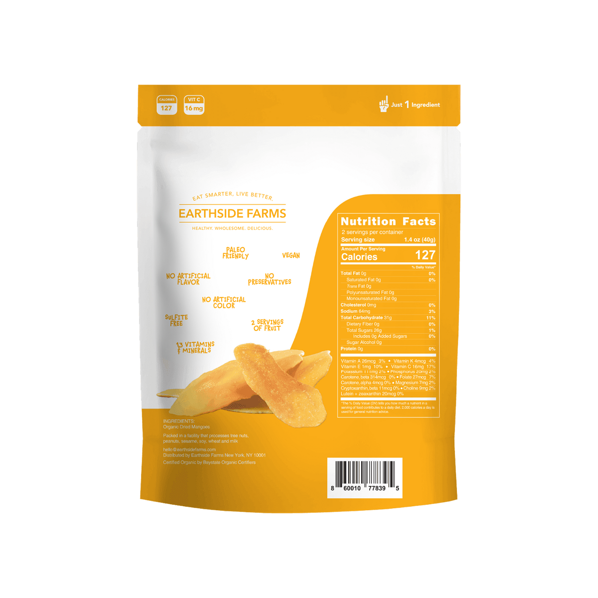 Back of Dried Organic Mangoes pouch with nutrition facts