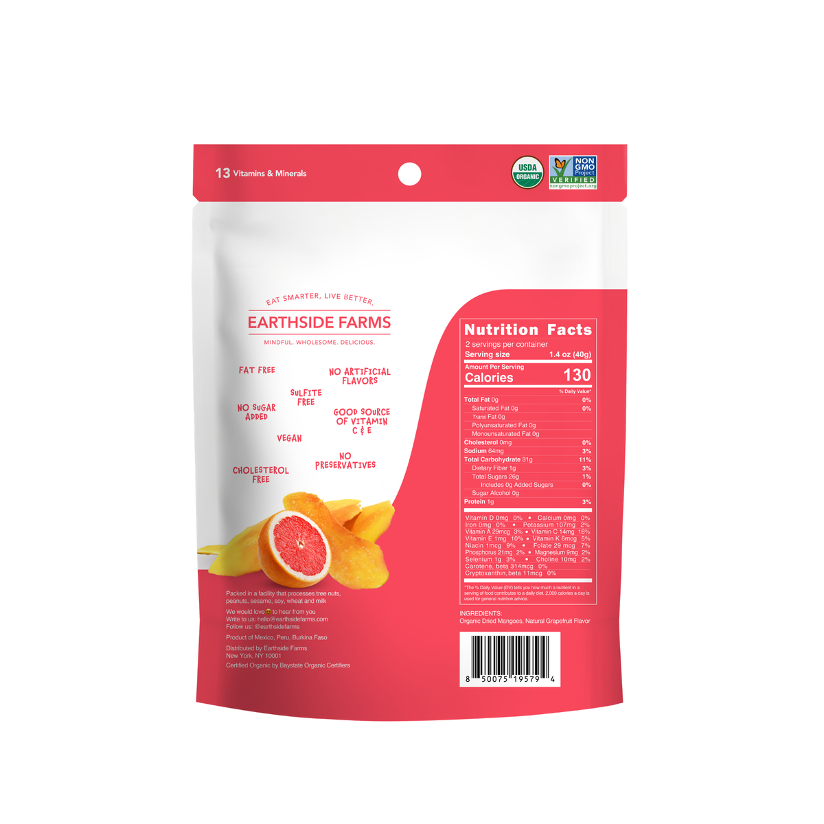 Back of Grapefruit Squeezed Dried Organic Mangoes pouch with nutrition facts