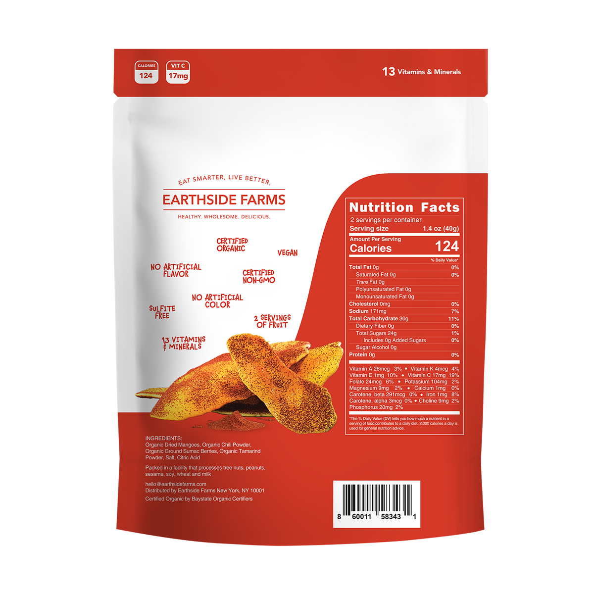 Back of Lime Kick Dried Organic Mangoes pouch with nutrition facts