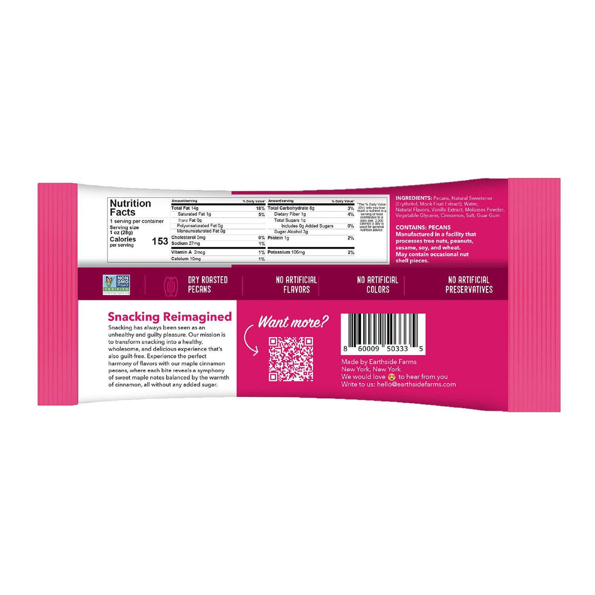 Back of Maple Cinnamon Pecans 1 oz snack pack with nutrition facts
