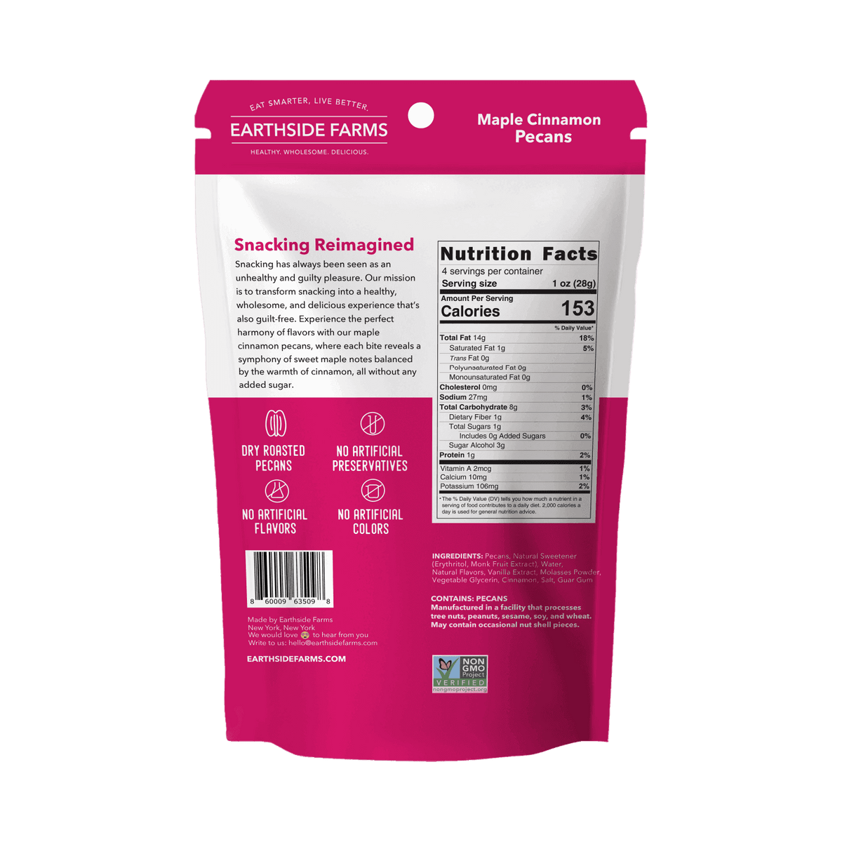Back of Maple Cinnamon Pecans pouch with nutrition facts