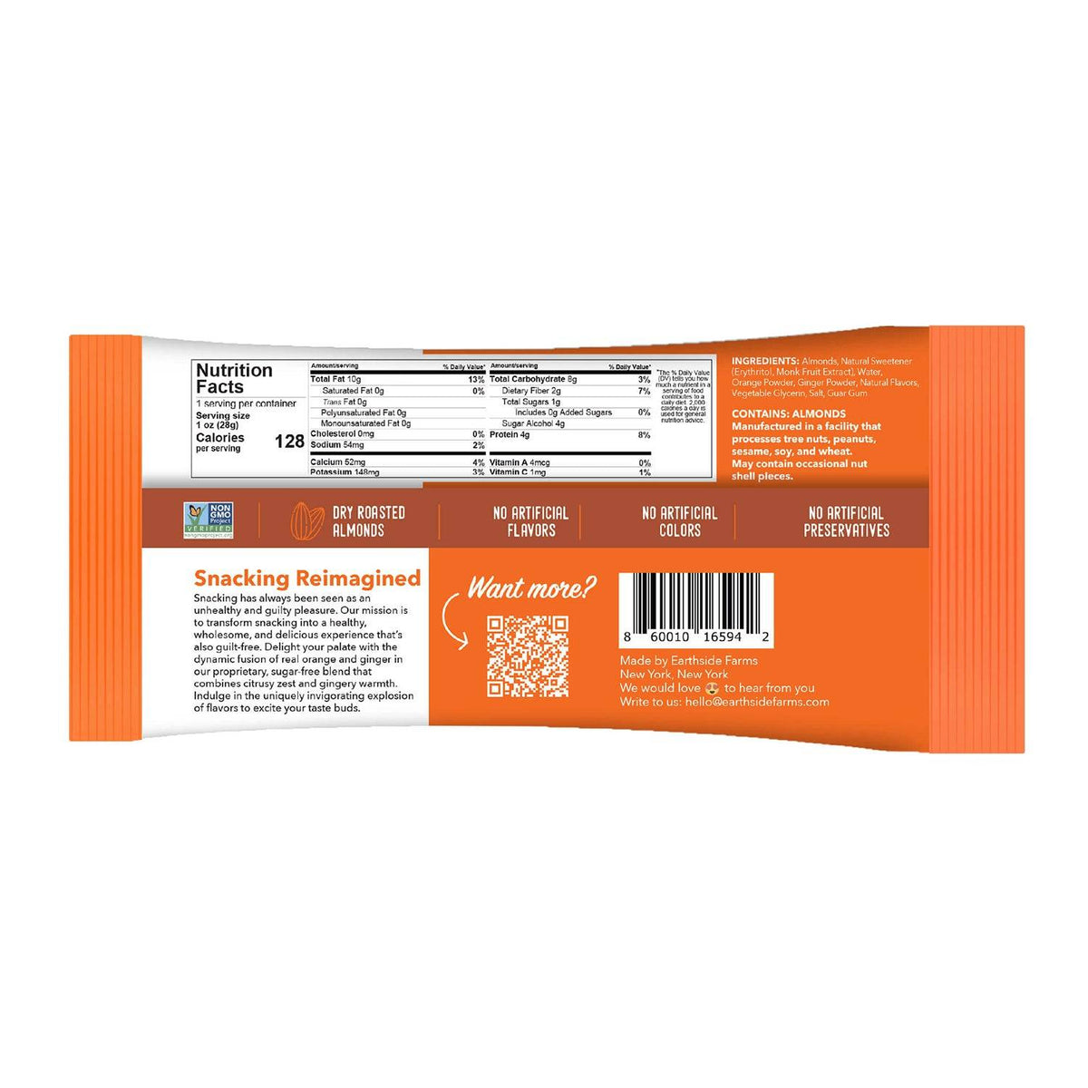 Back of Orange Ginger Almonds 1 oz snack pack with nutrition facts