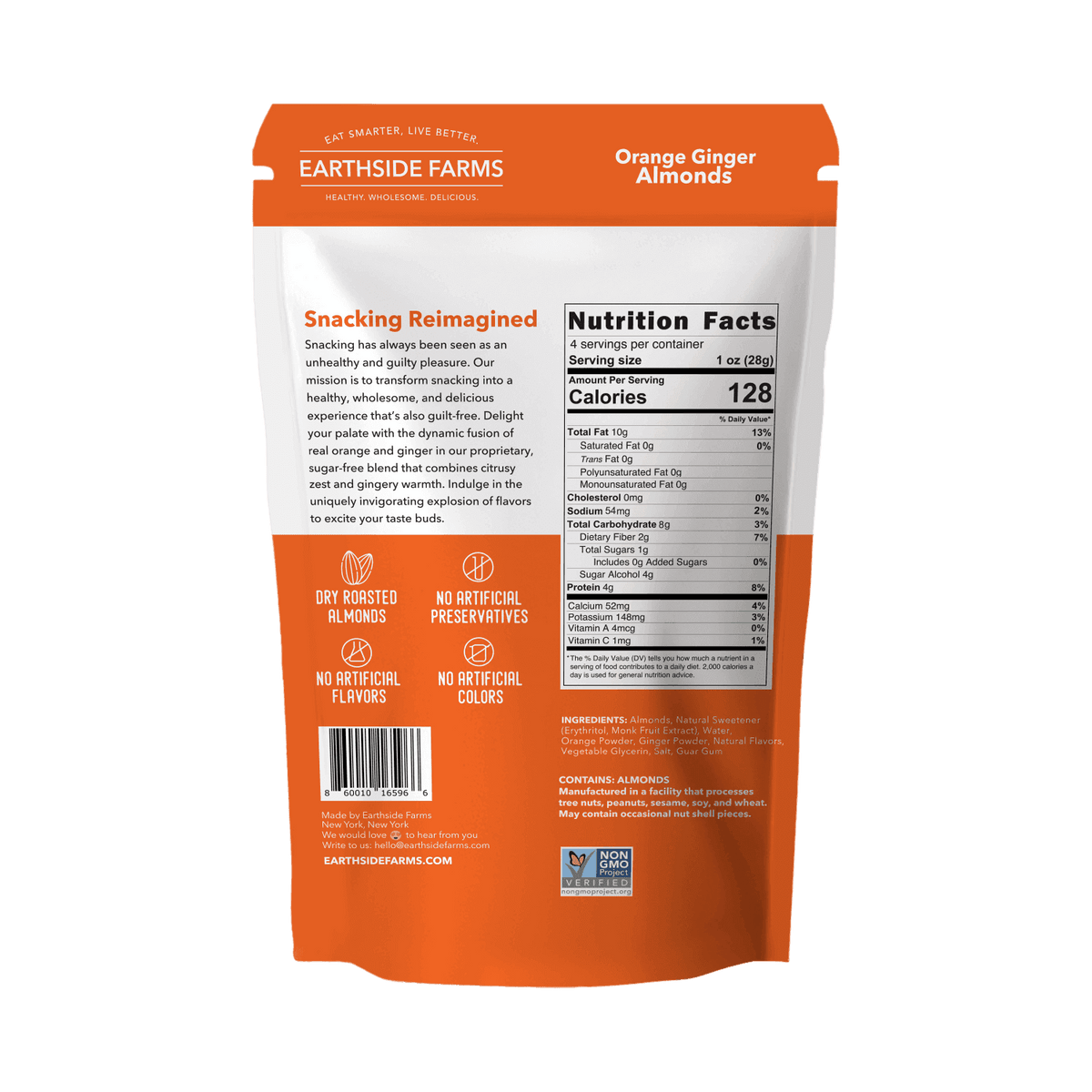 Back of Orange Ginger Almonds pouch with nutrition facts