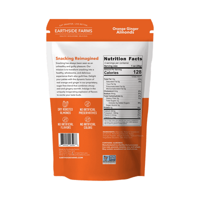 Back of Orange Ginger Almonds pouch with nutrition facts