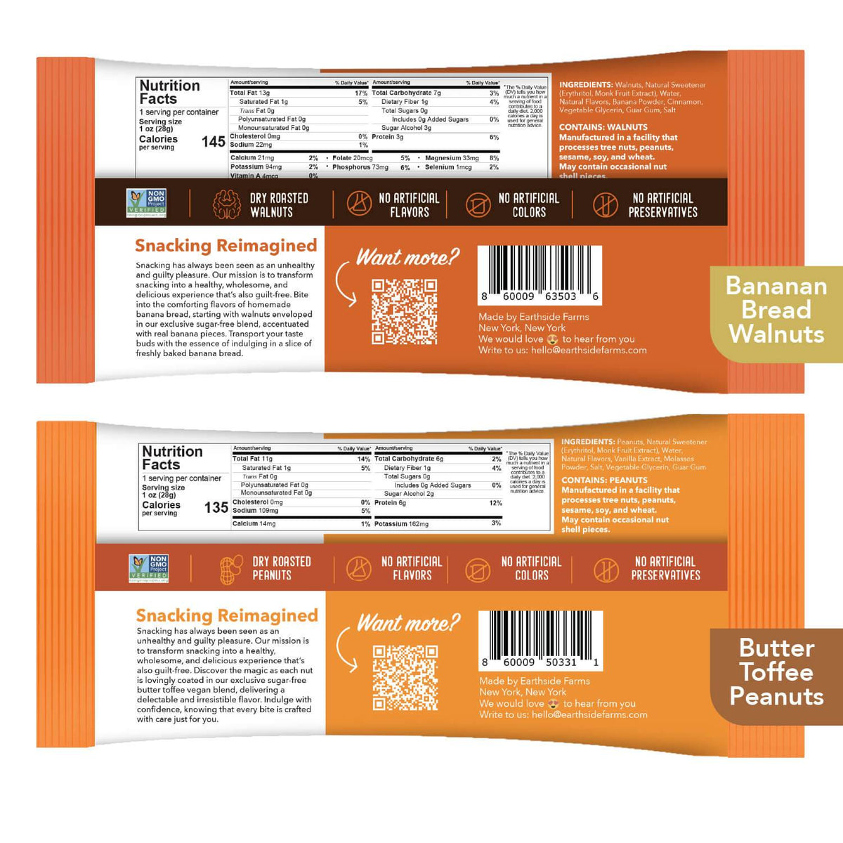 Backs of Banana Bread Walnuts and Butter Toffee Peanuts snack packs
