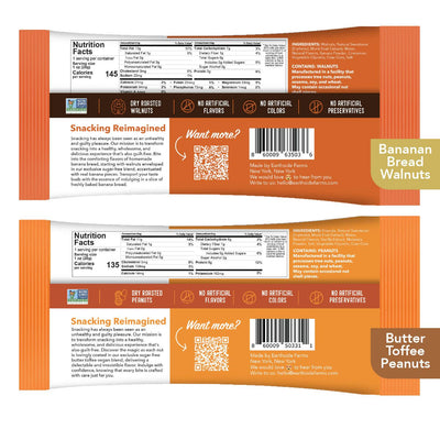 Backs of Banana Bread Walnuts and Butter Toffee Peanuts snack packs