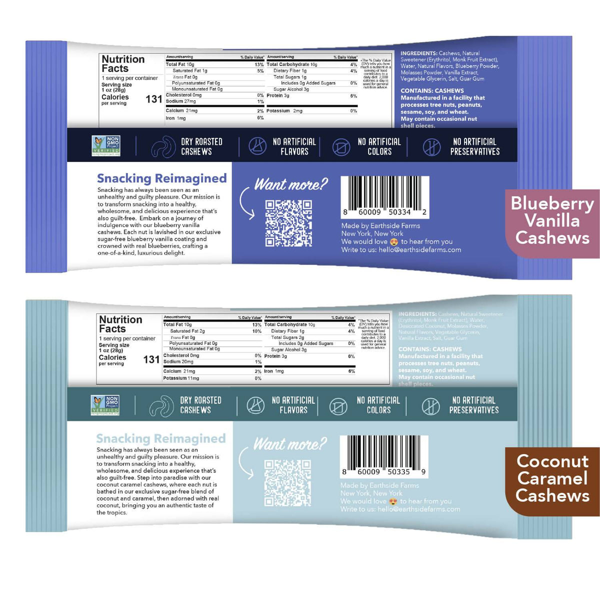 Backs of Blueberry Vanilla and Coconut Caramel Cashews snack packs