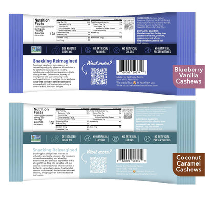 Backs of Blueberry Vanilla and Coconut Caramel Cashews snack packs