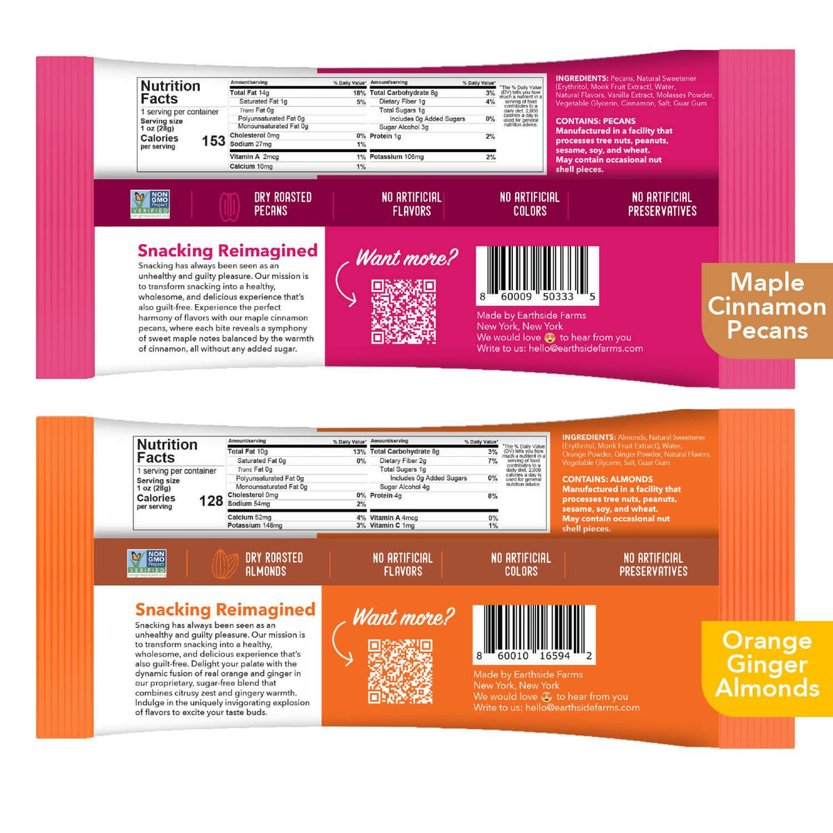 Backs of Maple Cinnamon Pecans and Orange Ginger Almonds snack packs