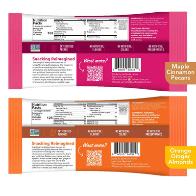 Backs of Maple Cinnamon Pecans and Orange Ginger Almonds snack packs