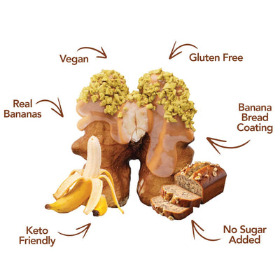Banana bread coated walnuts with bananas and banana bread, keto callouts