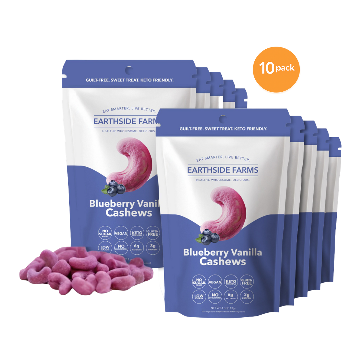 Blueberry Vanilla Cashews 10-pack of purple pouches with glazed cashews