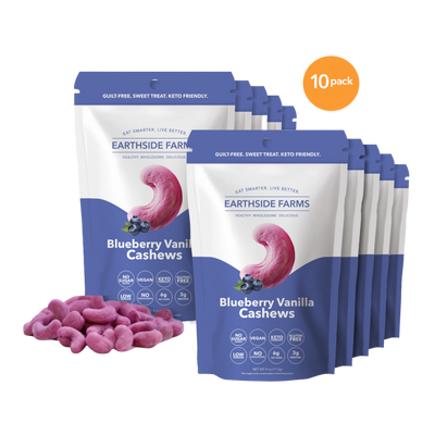 Blueberry Vanilla Cashews 10-pack of purple pouches with glazed cashews