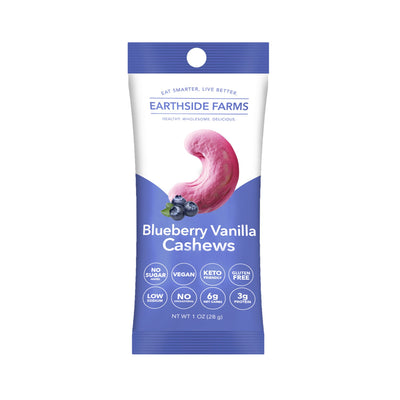 Blueberry Vanilla Cashews 1 oz snack pack, front