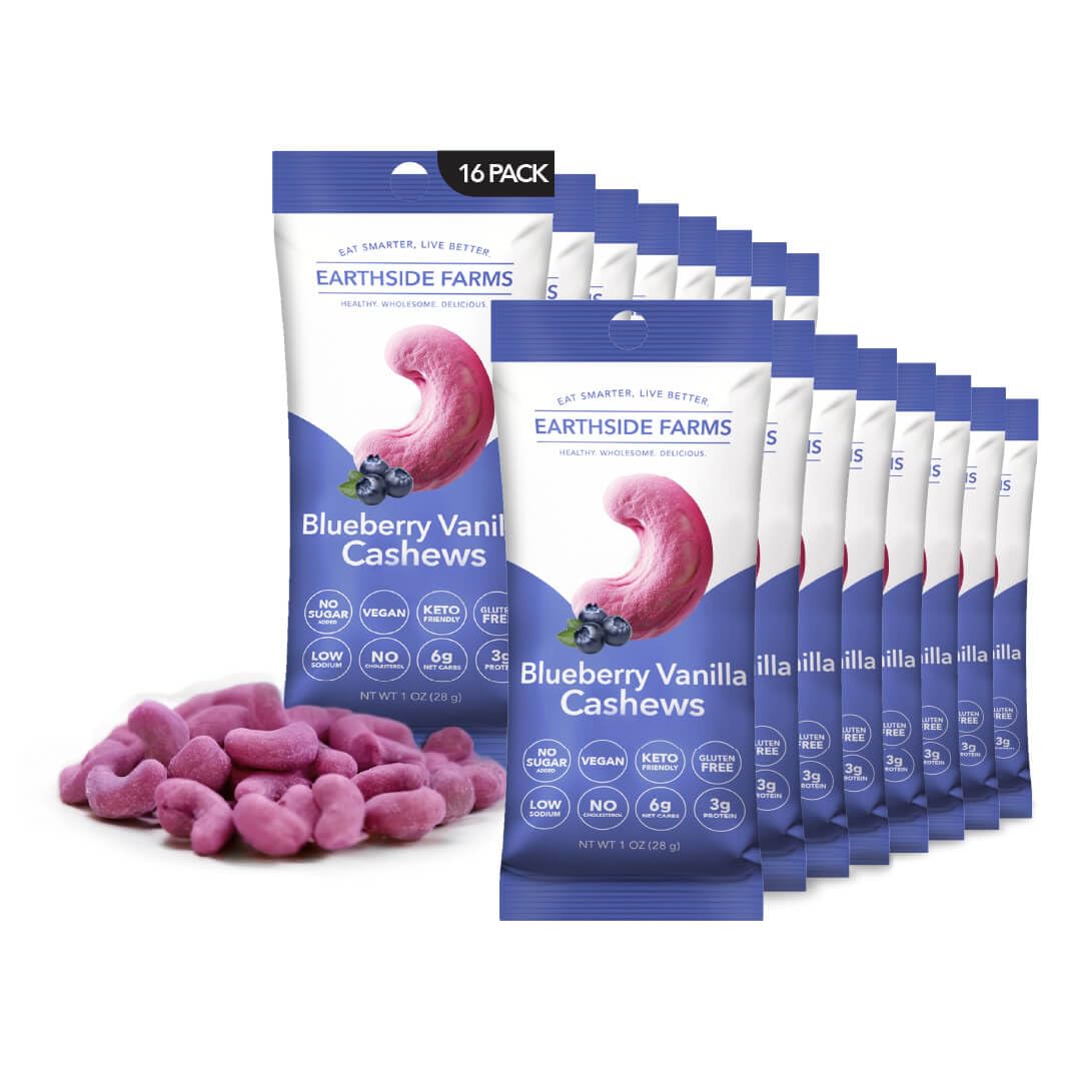 Blueberry Vanilla Cashews 1 oz snack packs, 16-pack with purple cashews