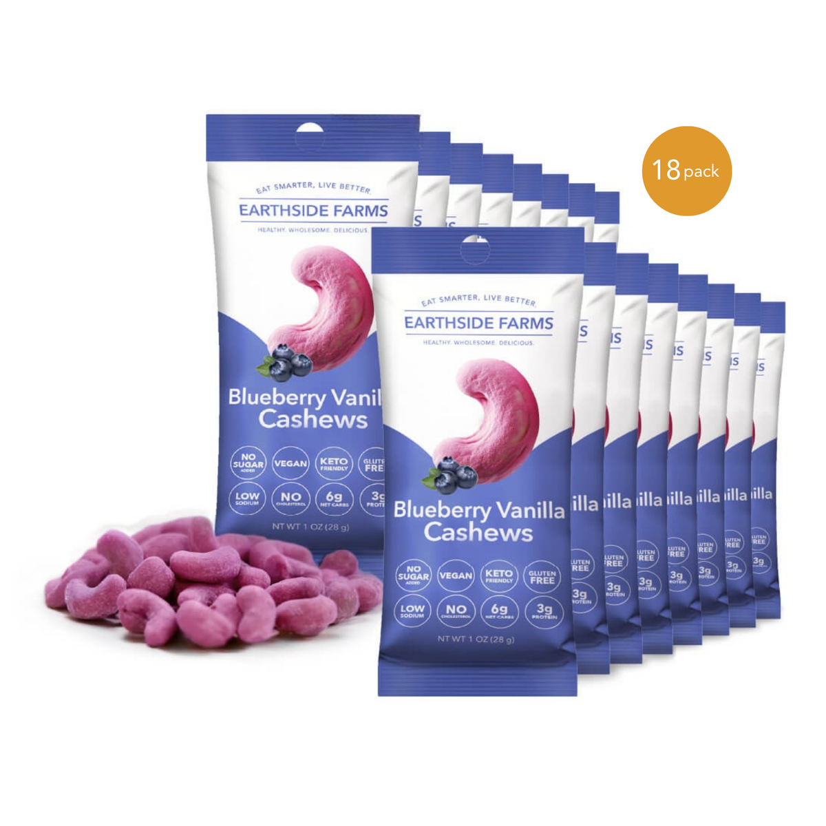Blueberry Vanilla Cashews 1 oz snack packs, 18-pack with purple cashews