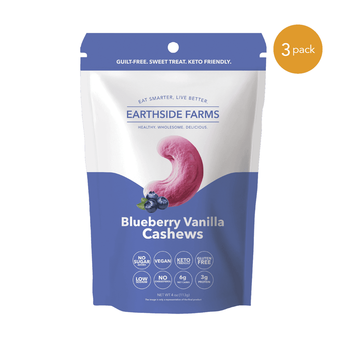 Blueberry Vanilla Cashews purple pouch, front of bag, 3-pack