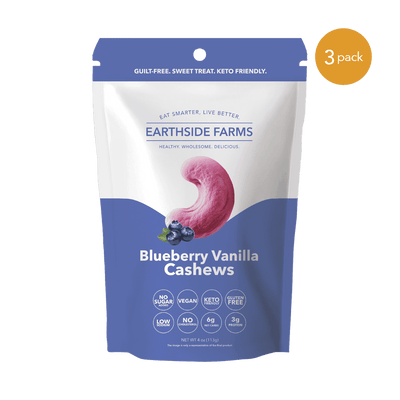 Blueberry Vanilla Cashews purple pouch, front of bag, 3-pack