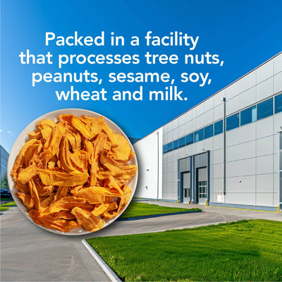 Bowl of dried mango slices with facility allergen notice