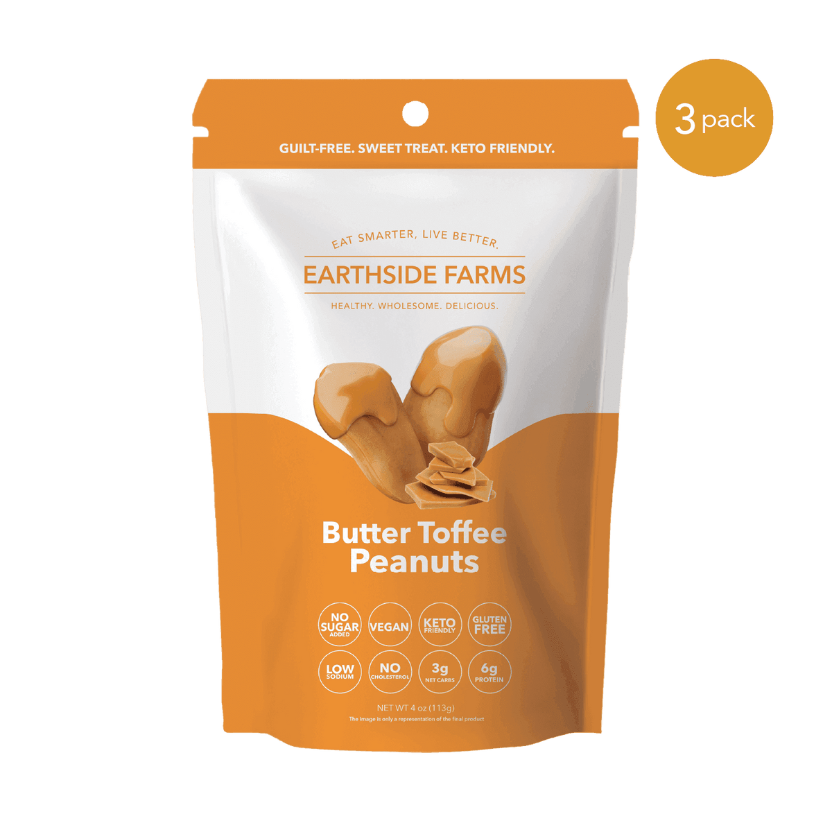 Butter Toffee Peanuts orange pouch, front of bag, 3-pack