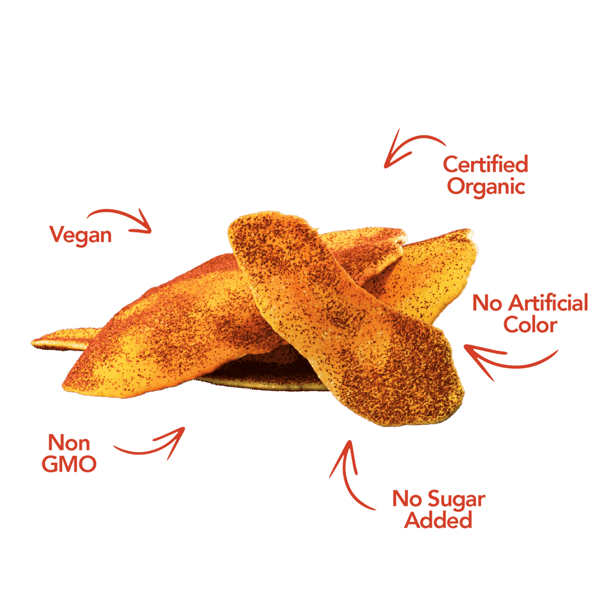 Chili lime seasoned dried mango slices with organic and vegan callouts
