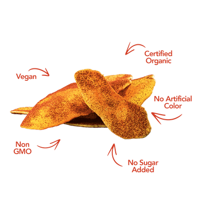Chili lime seasoned dried mango slices with organic and vegan callouts
