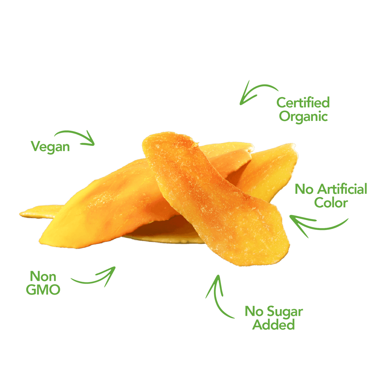 Citrus Splash dried mango slices with certified organic and vegan callouts