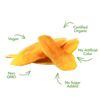 Citrus Splash dried mango slices with certified organic and vegan callouts