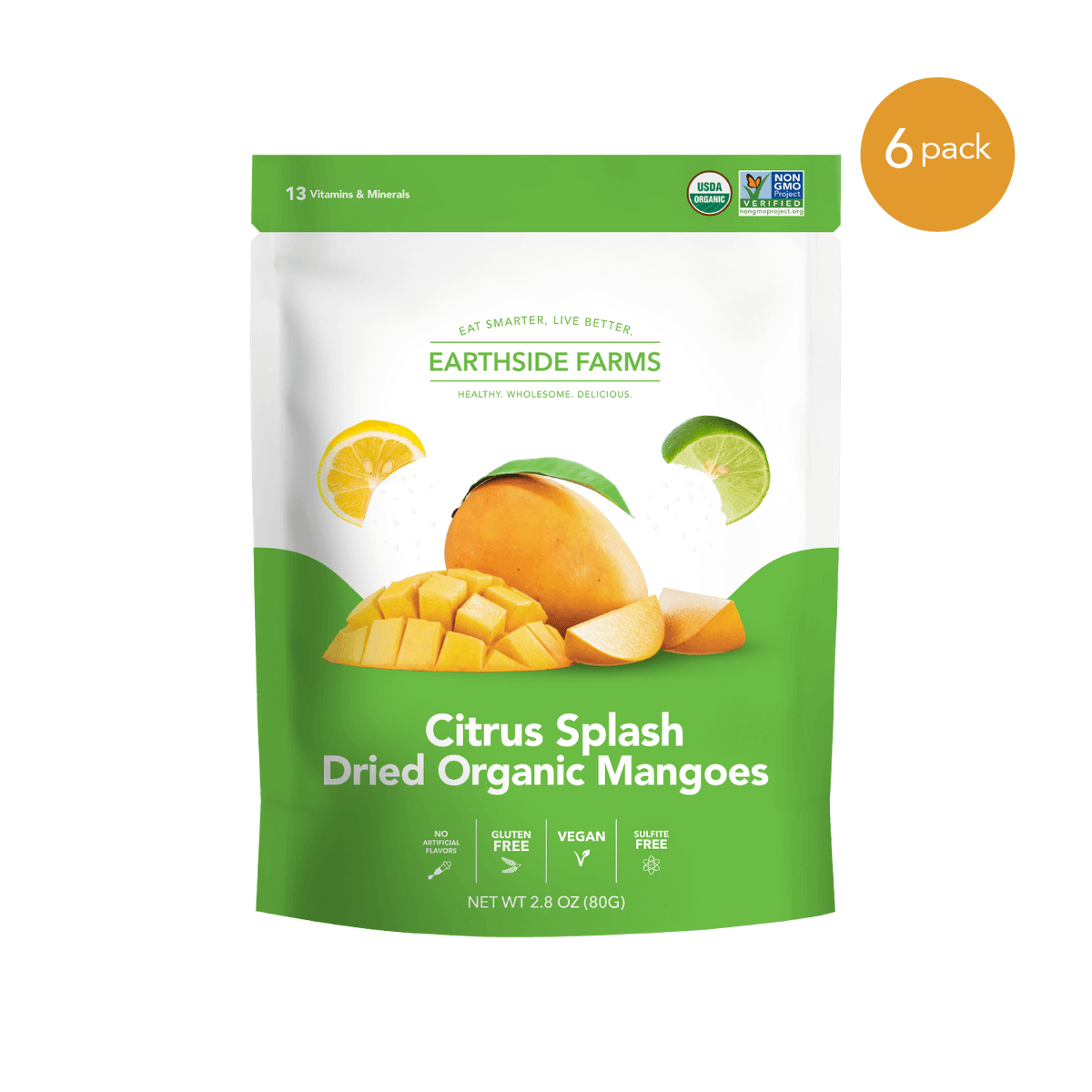 Citrus Splash Dried Organic Mangoes green pouch, front of bag, 6-pack