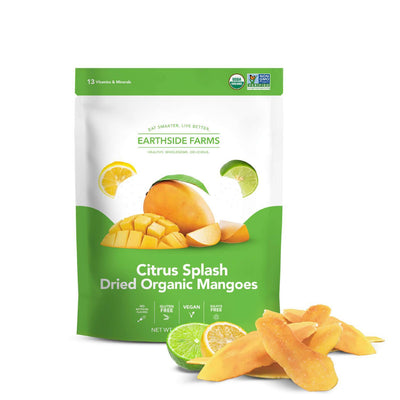 Citrus Splash Dried Organic Mangoes pouch with mango slices and lime