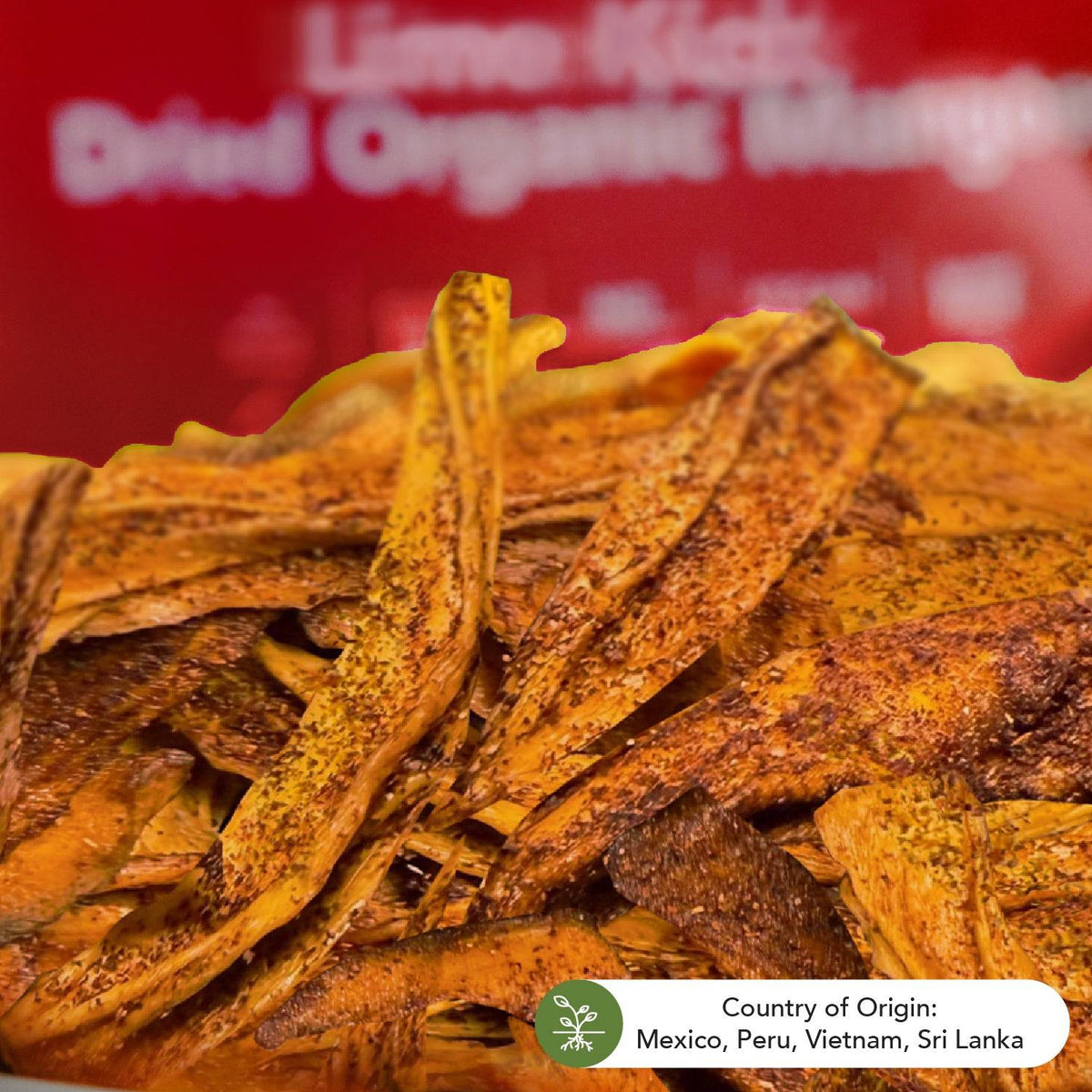 Close-up of chili lime seasoned Lime Kick dried mango slices