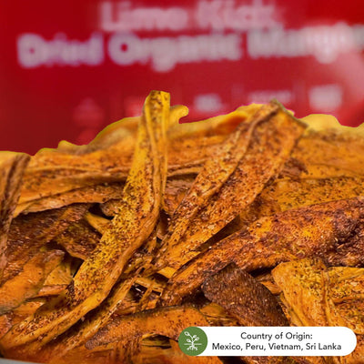 Close-up of chili lime seasoned Lime Kick dried mango slices