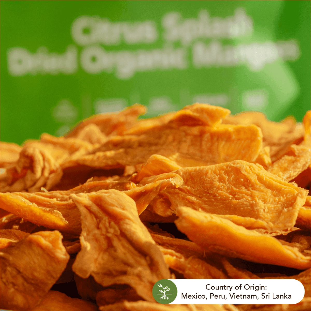 Close-up of Citrus Splash dried organic mango slices