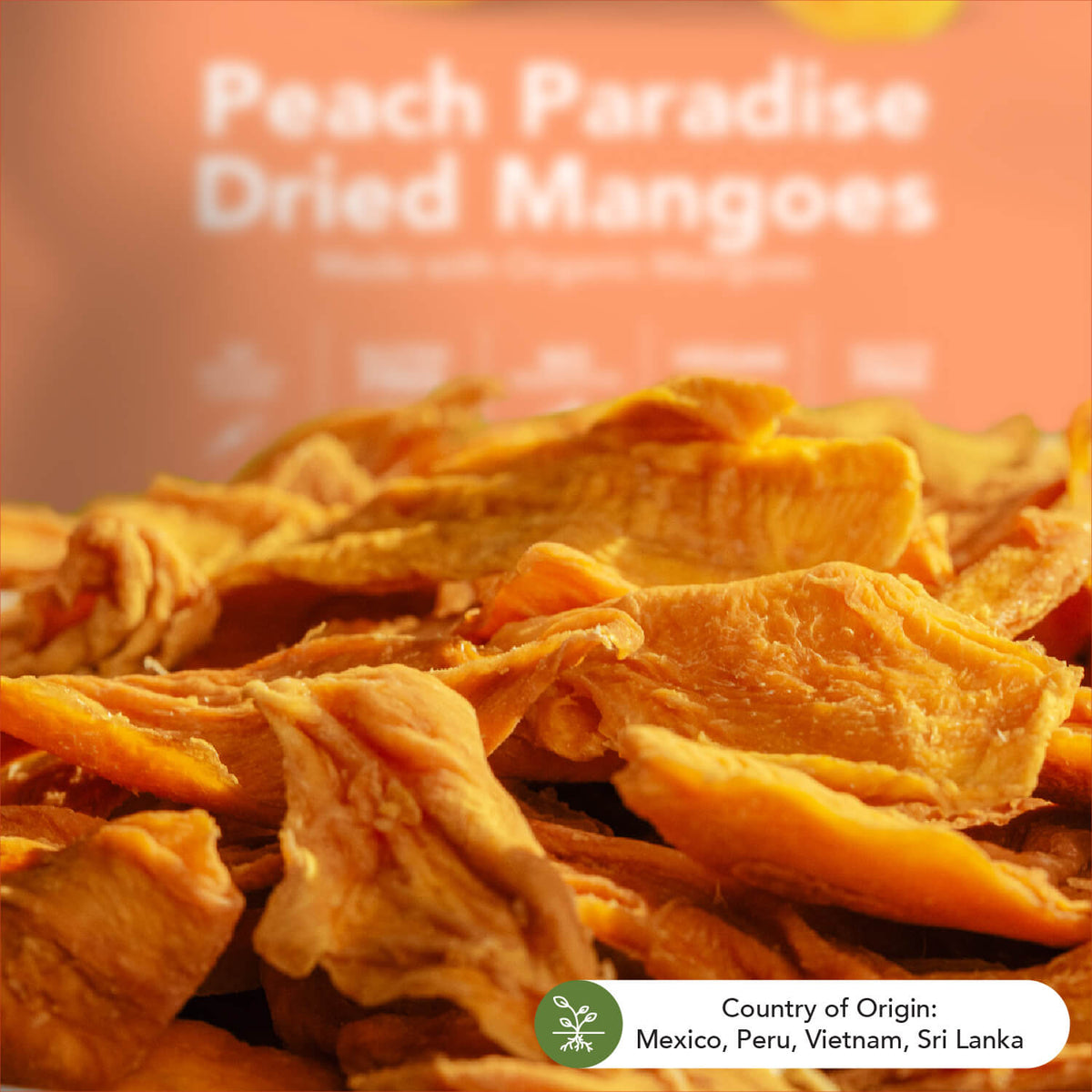 Close-up of Peach Paradise dried mango slices