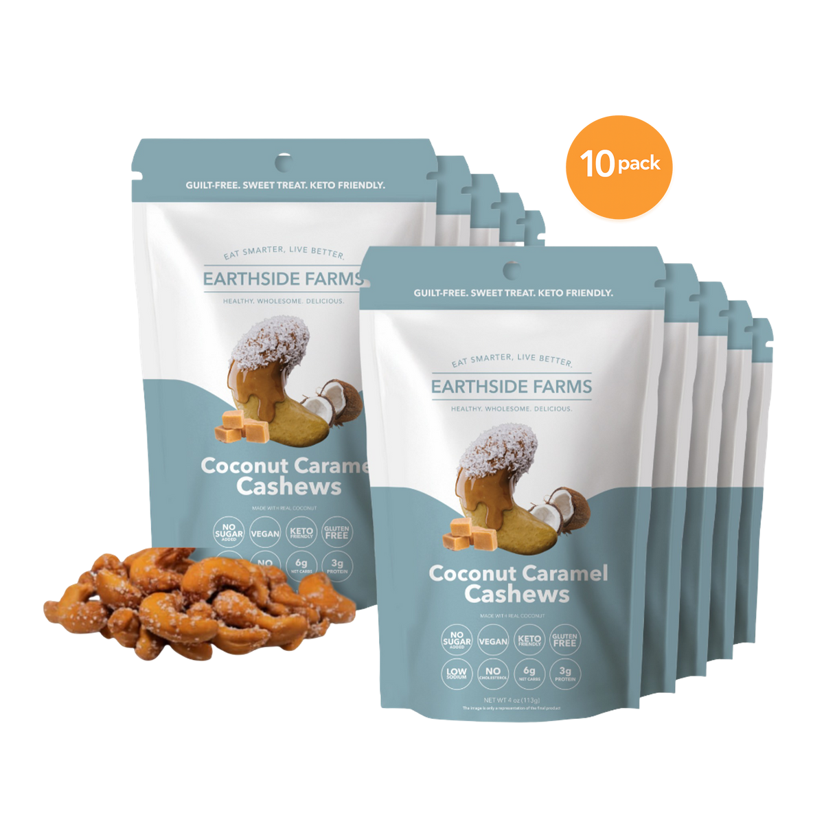 Coconut Caramel Cashews 10-pack of blue pouches with caramel cashews