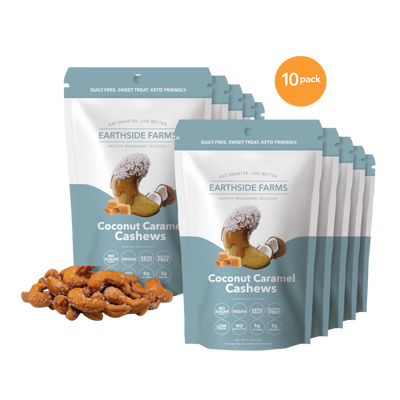 Coconut Caramel Cashews 10-pack of blue pouches with caramel cashews
