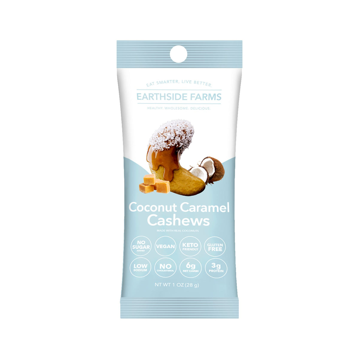 Coconut Caramel Cashews 1 oz snack pack, front
