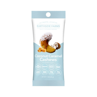 Coconut Caramel Cashews 1 oz snack pack, front