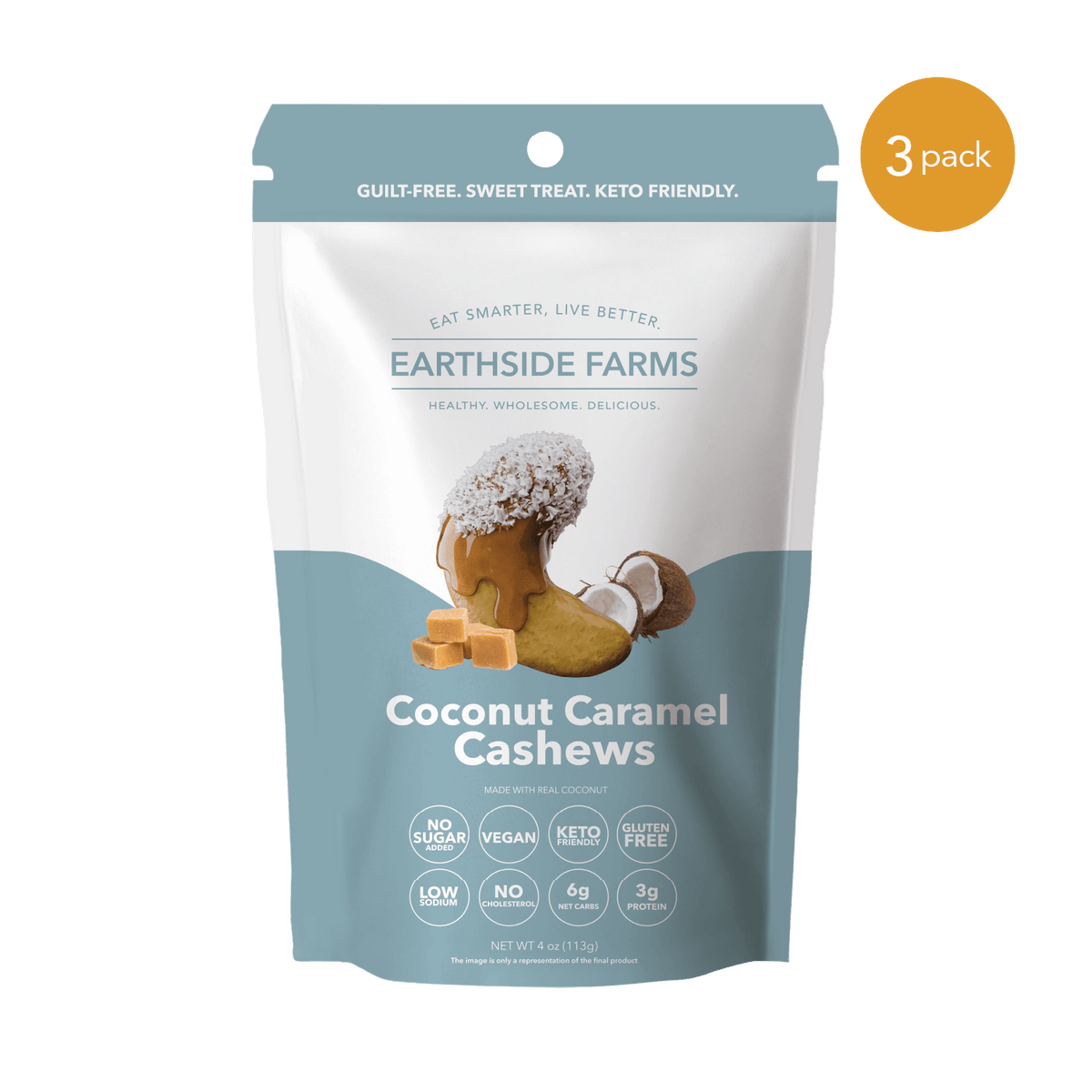 Coconut Caramel Cashews pouch, front of bag, 3-pack
