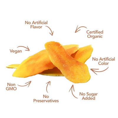 Dried organic mango slices with no artificial flavor and organic callouts
