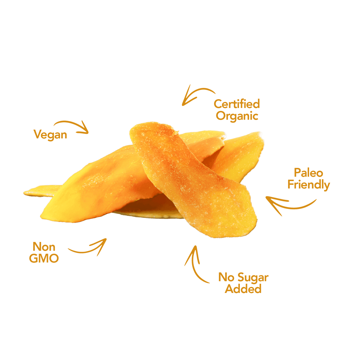 Dried organic mango slices with vegan, non-GMO and paleo callouts