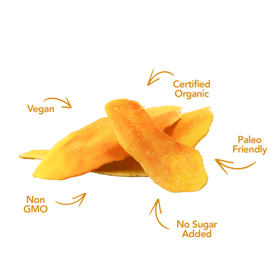 Dried organic mango slices with vegan, non-GMO and paleo callouts