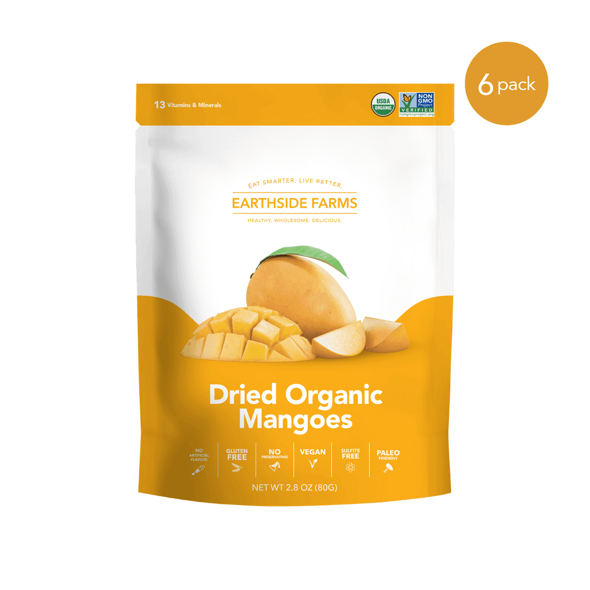 Dried Organic Mangoes yellow pouch, front of bag, 6-pack